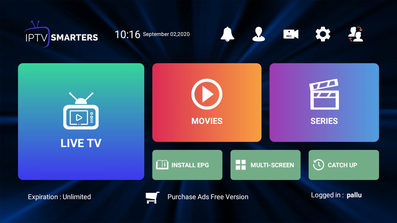 IPTV player home screen with live TV, movies and series