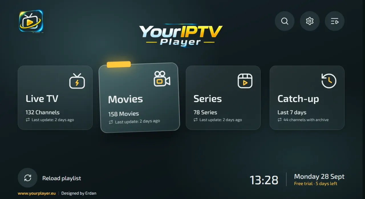 IPTV player home screen with live TV, movies and series